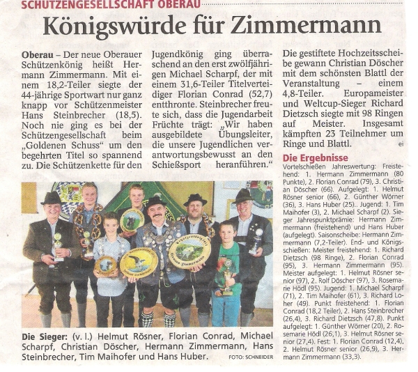 Artikel im Garmisch-Partenkirchner Tagblatt über das End- und Königschießen mit Foto aller Sieger