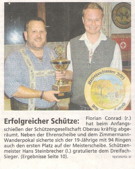 Artikel im Garmisch-Partenkirchner Tagblatt über das Anfangschießen mit Hans Steinbrecher und Florian Conrad, dem Sieger der Anfangscheibe